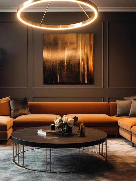 Charcoal Mid-century Modern Living Room Design with Glass Partition Screen